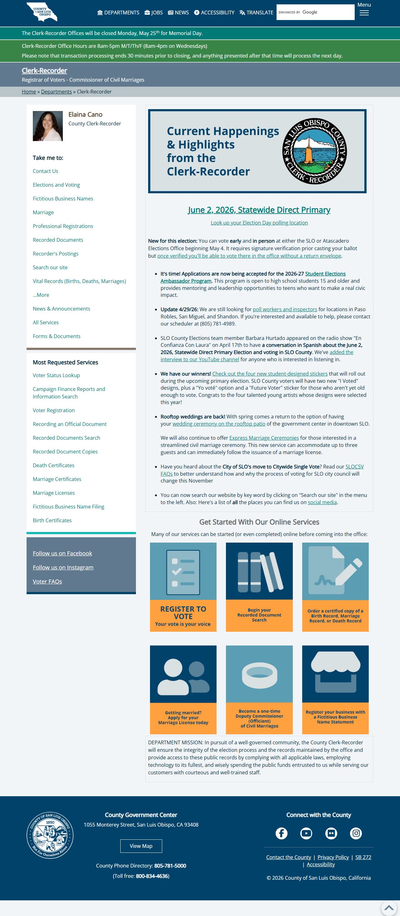 San Luis Obispo County clerk of superior court - Clerk-Recorder homepage shown for contrast with the court clerk