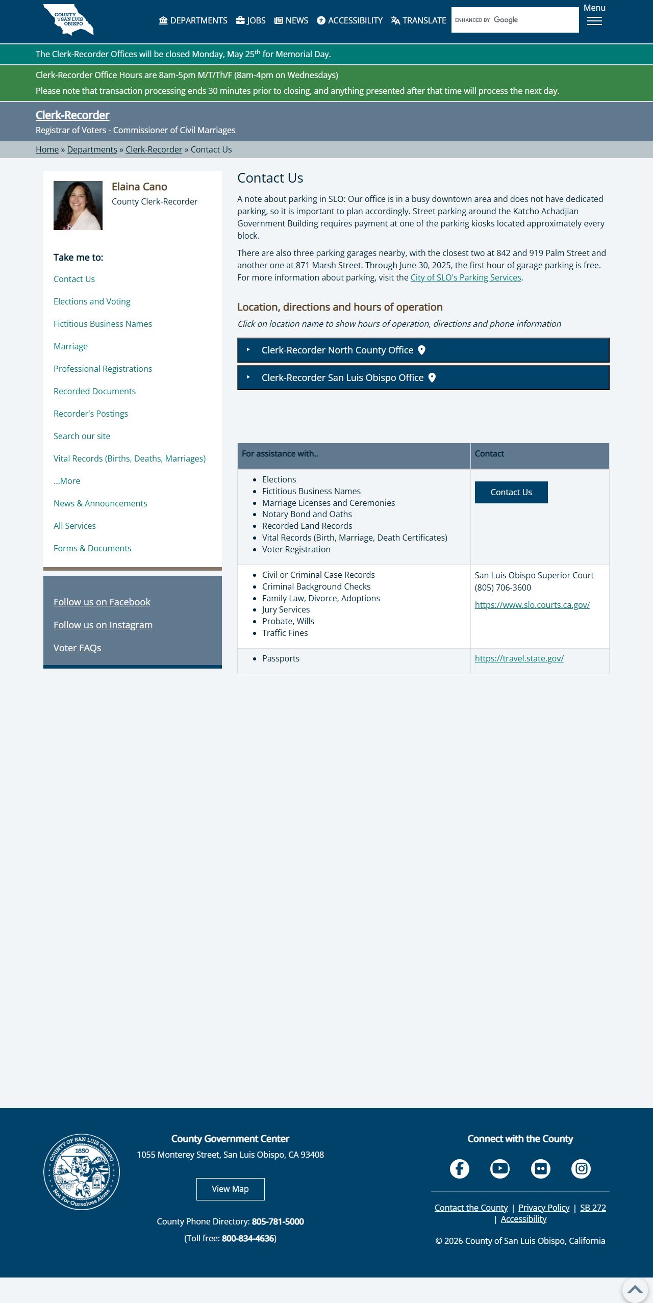 San Luis Obispo County clerk of superior court - Clerk-Recorder contact page noting court files go to the Superior Court
