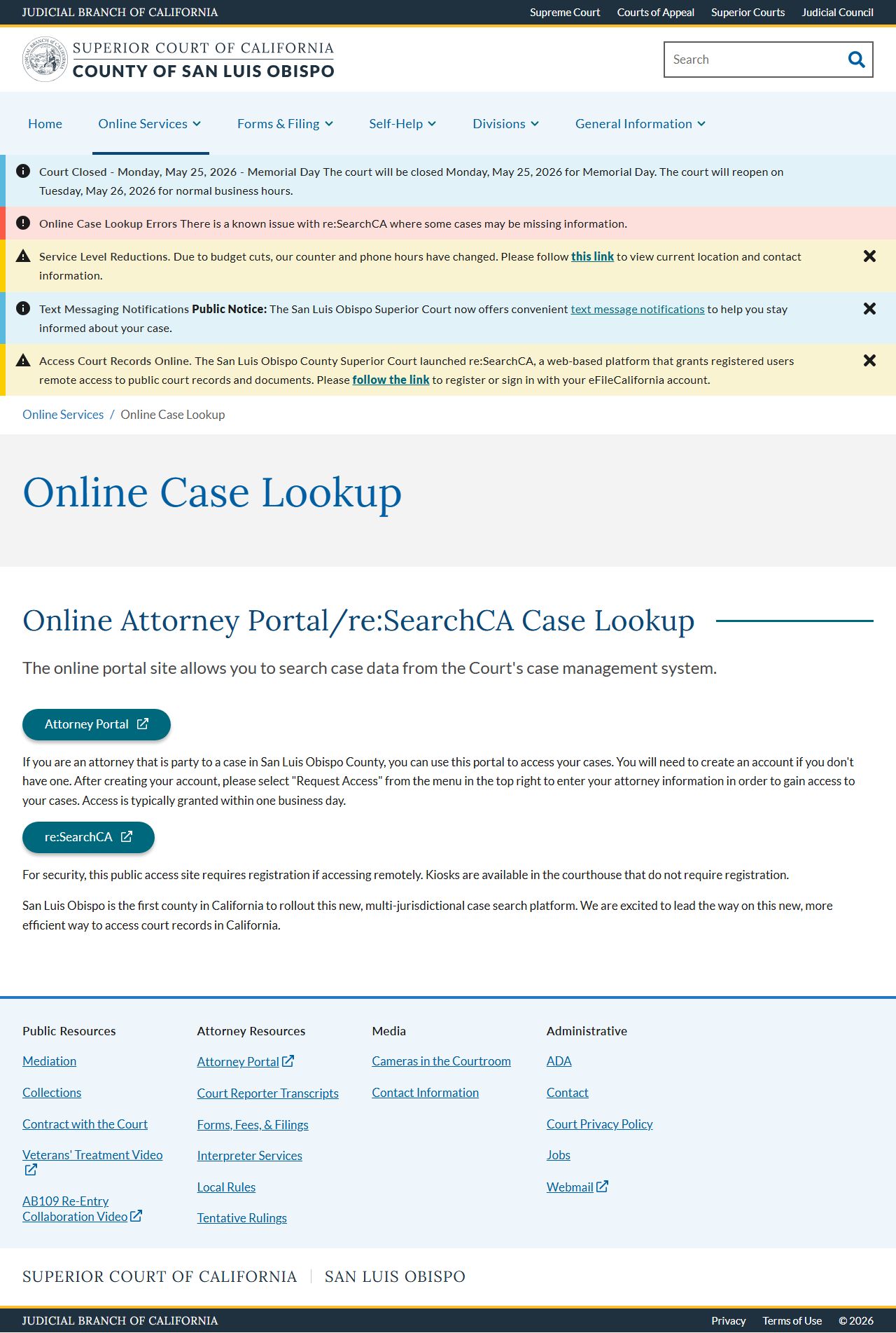 San Luis Obispo County court records online case lookup page