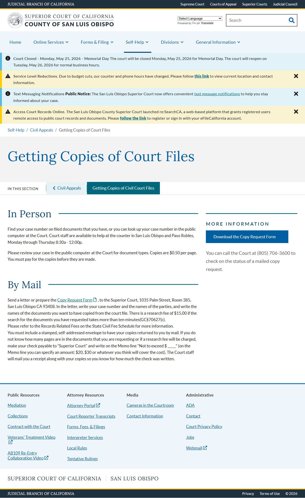 San Luis Obispo County court records file copy instructions