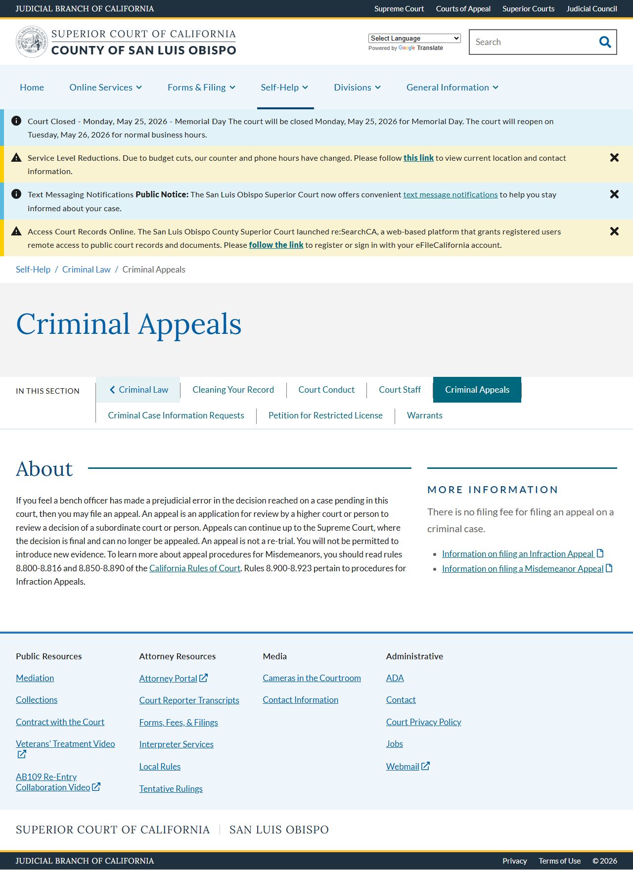 San Luis Obispo County criminal records - court criminal appeals page