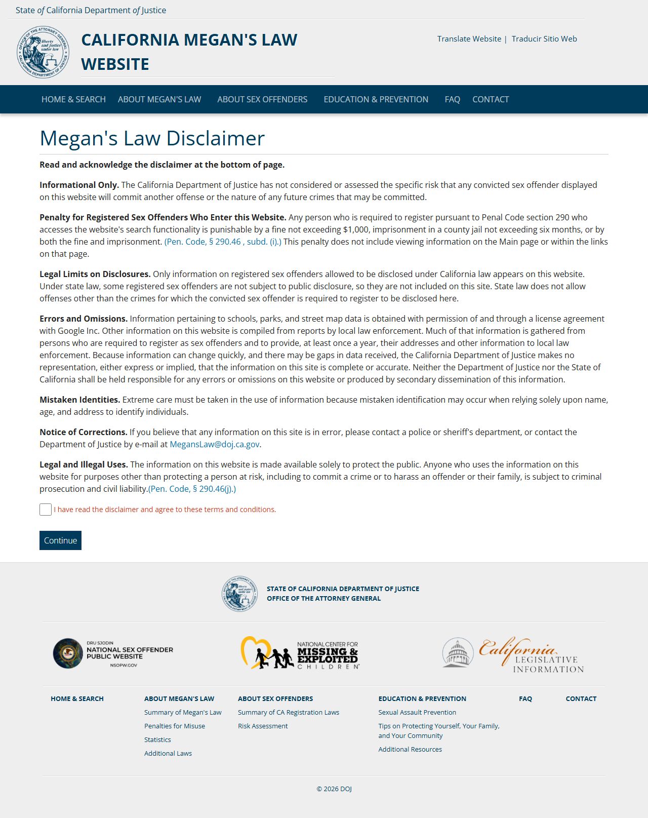 San Luis Obispo County criminal records - California DOJ Megan's Law disclaimer