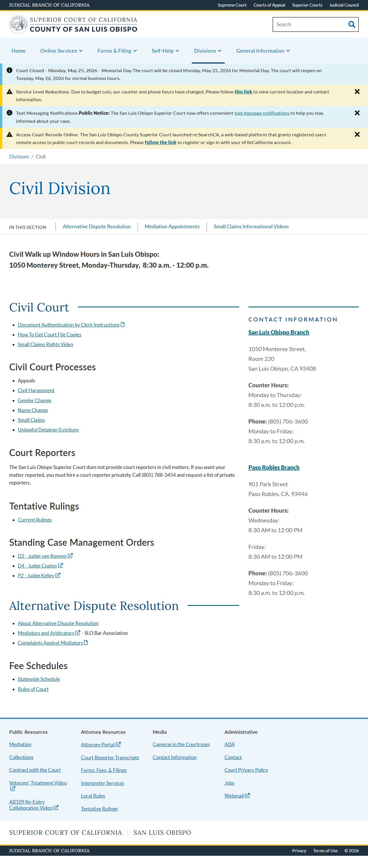 San Luis Obispo County Superior Court - Civil Division branch contacts