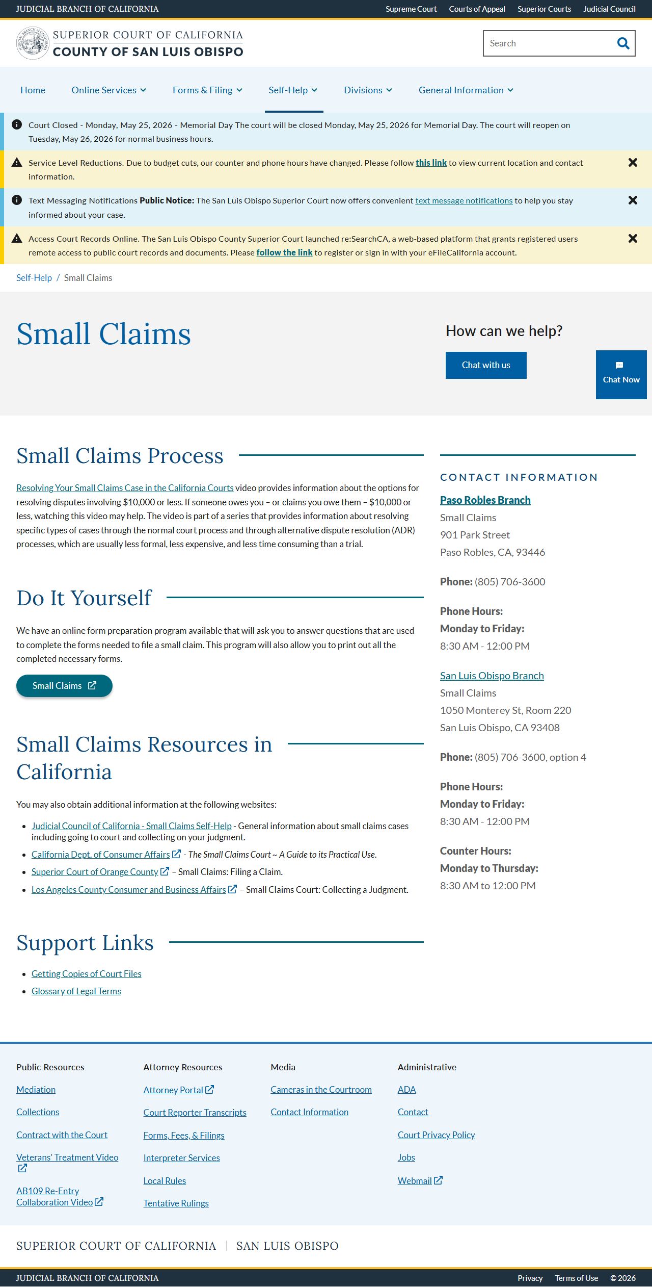 San Luis Obispo County Superior Court - Small Claims self-help page