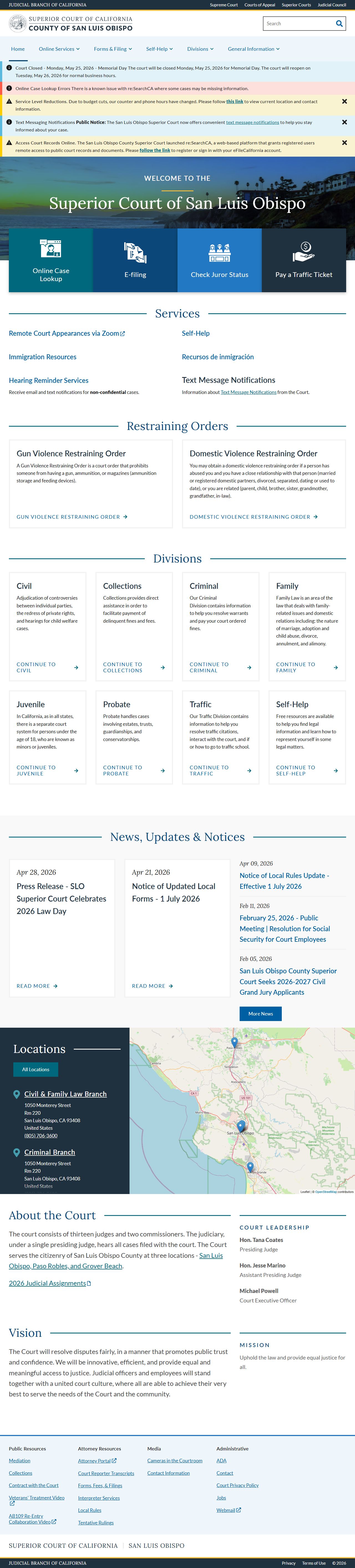 San Luis Obispo County court - Superior Court home page with online case lookup link