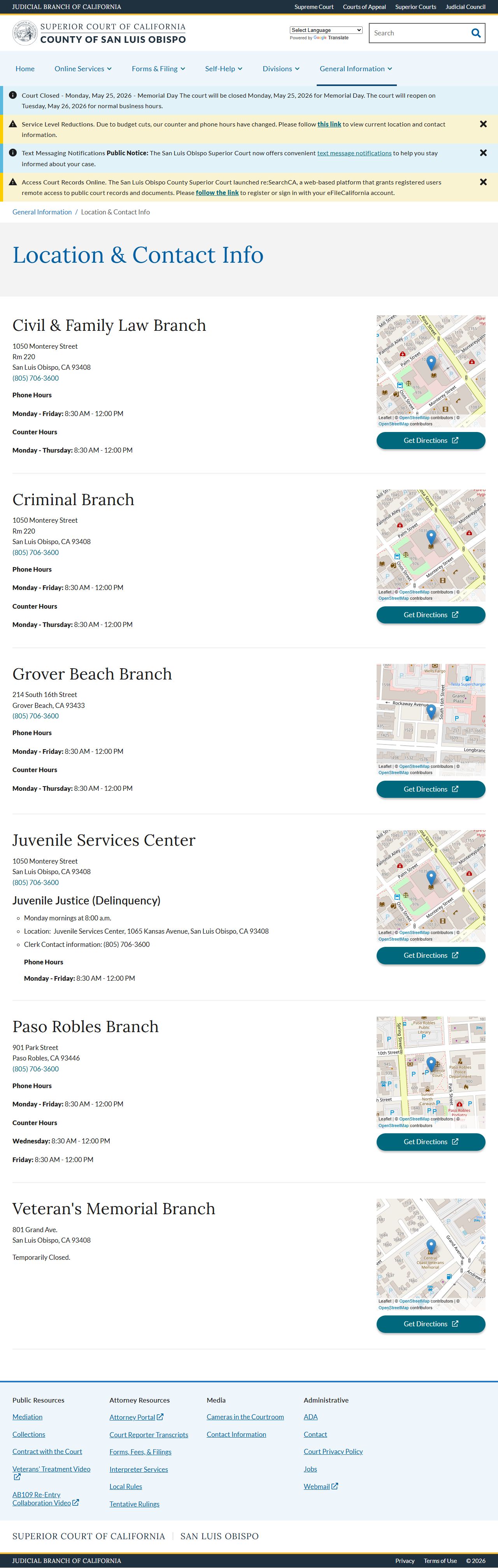 San Luis Obispo County court - branch address and hour list for all locations