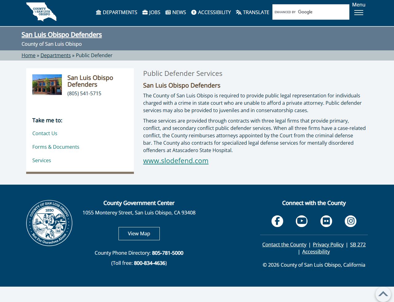 San Luis Obispo County court - public defender services page