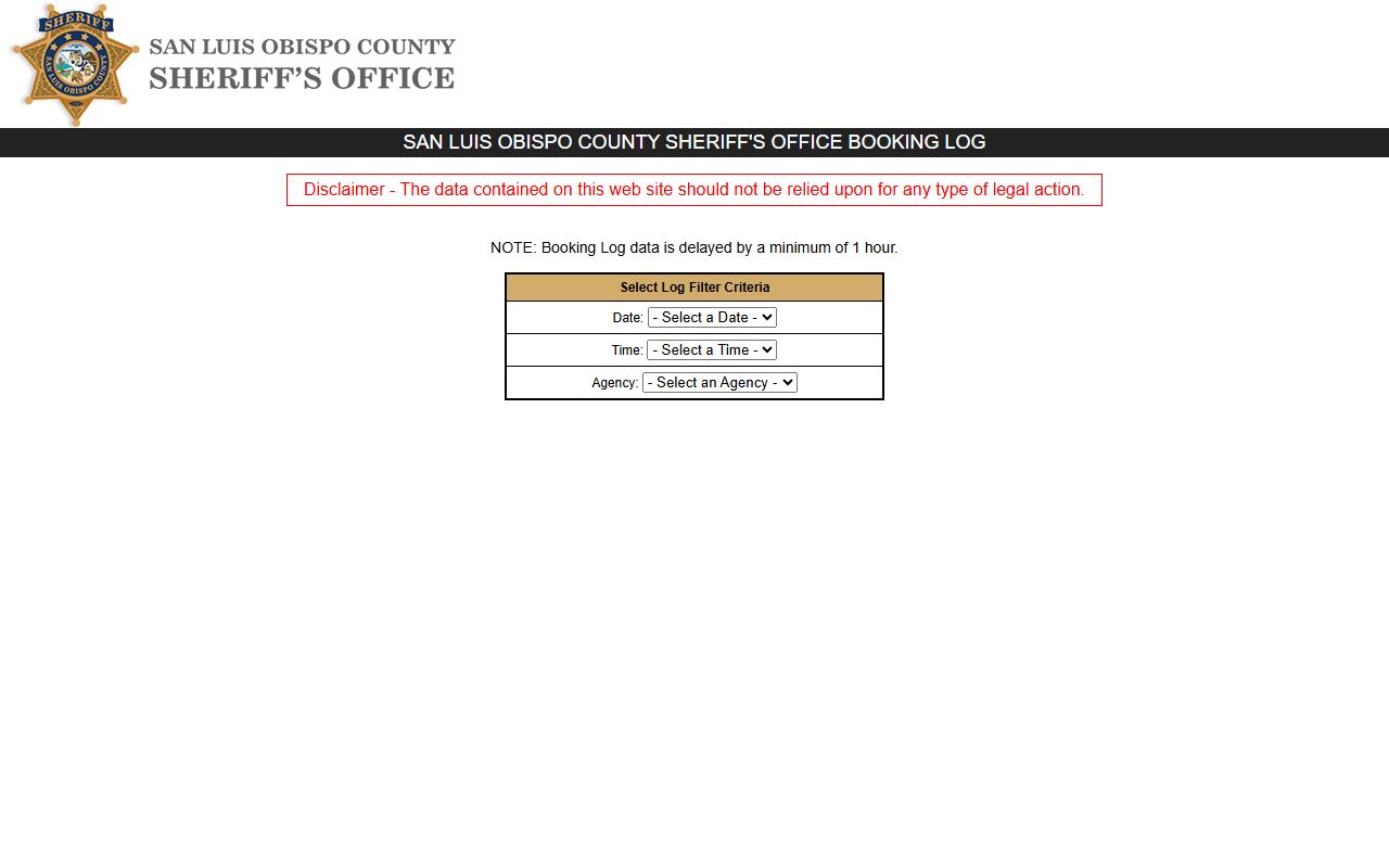San Luis Obispo County inmate records - 30-day booking log