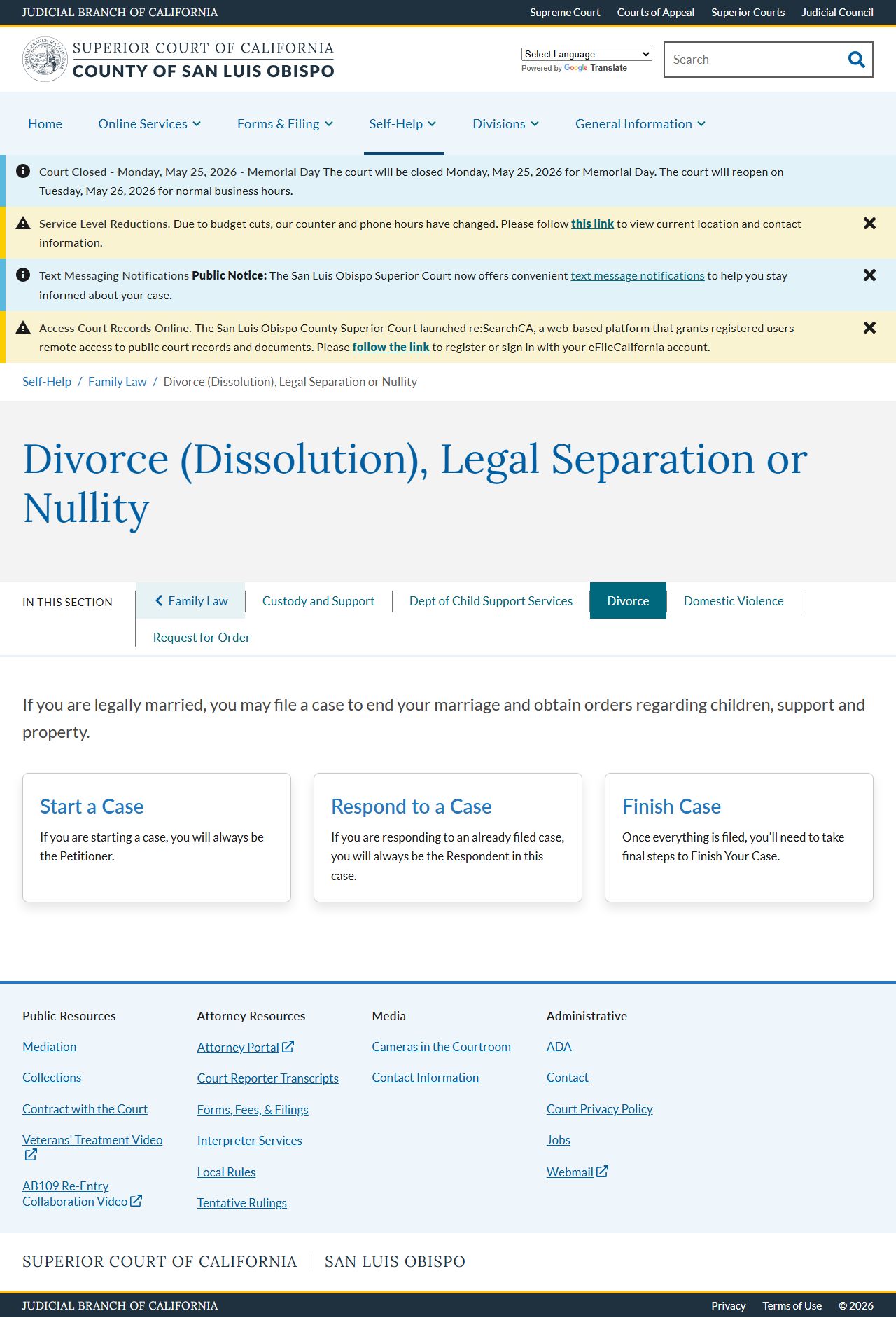 San Luis Obispo County marriage divorce records - divorce, legal separation, and nullity self-help