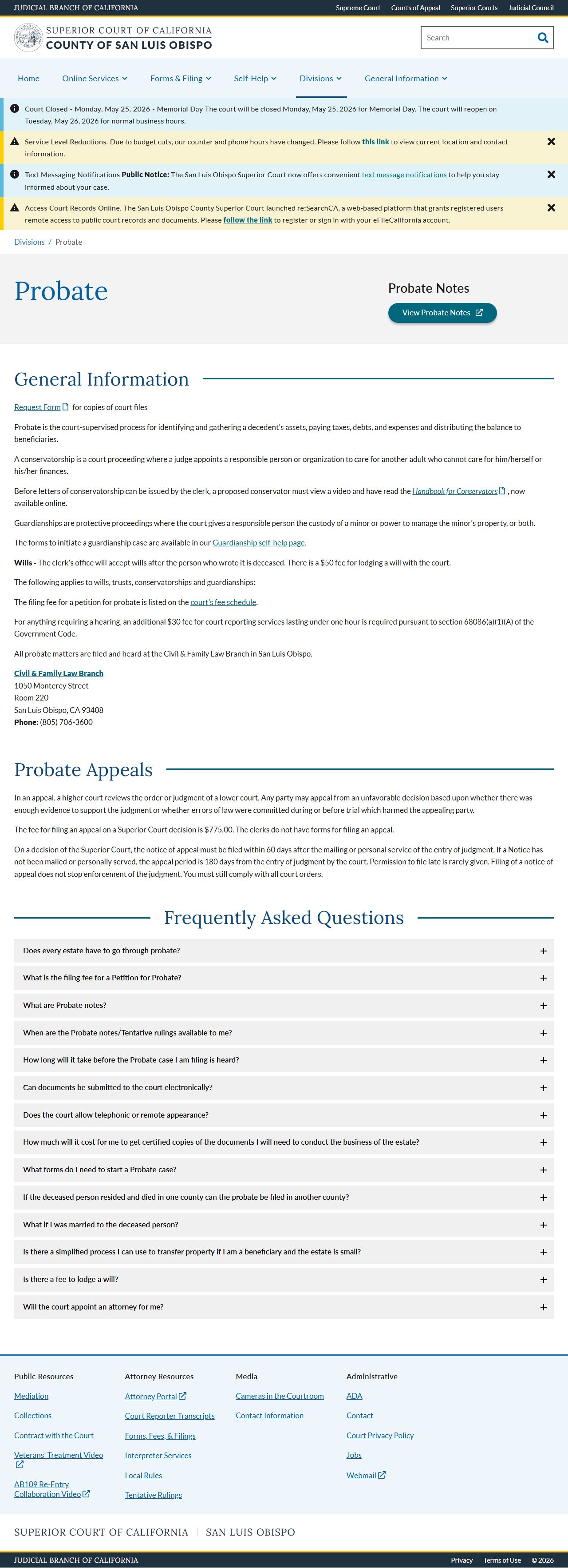 San Luis Obispo County probate records - Probate Division page