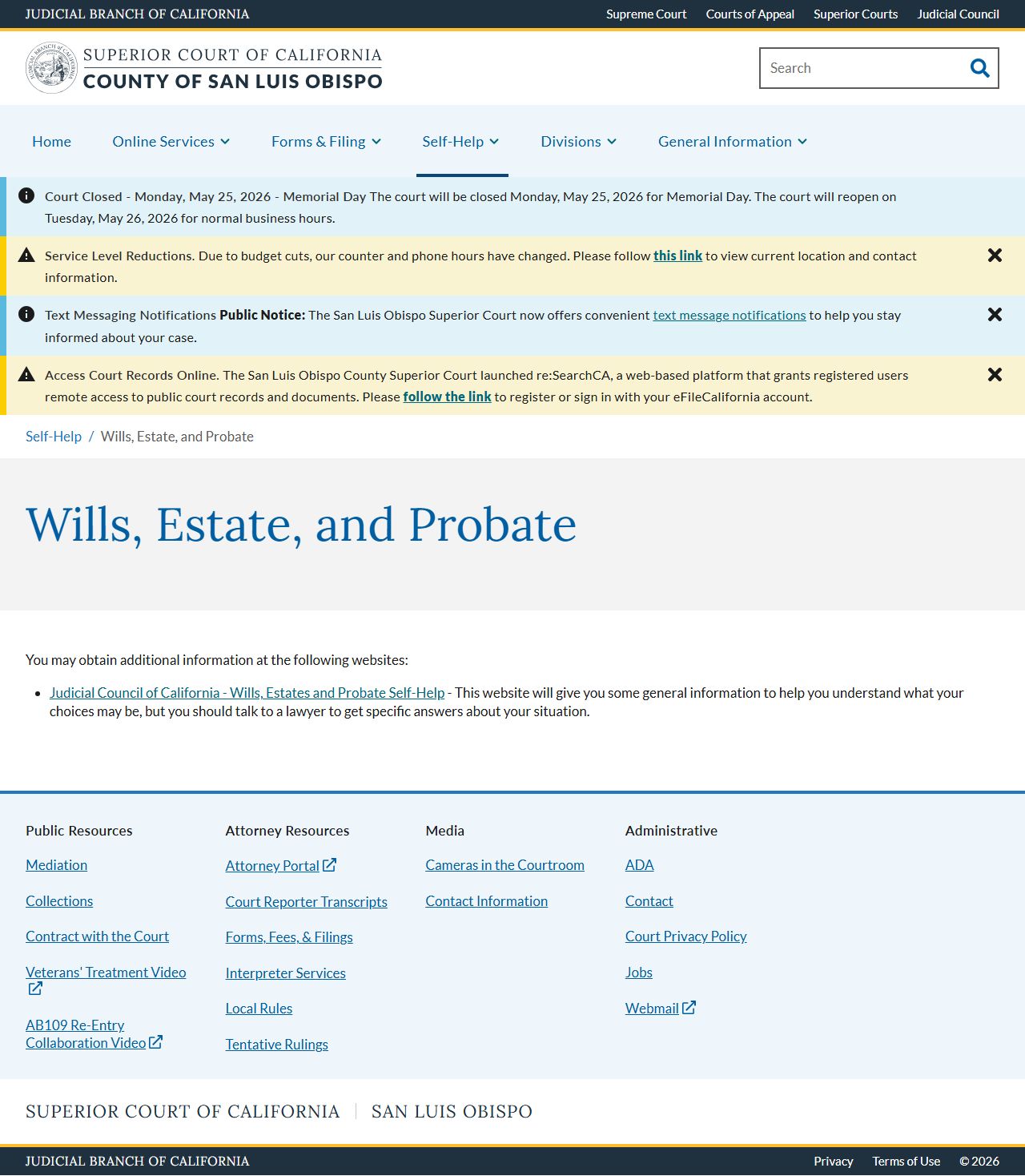 San Luis Obispo County probate records - self-help wills and estates page