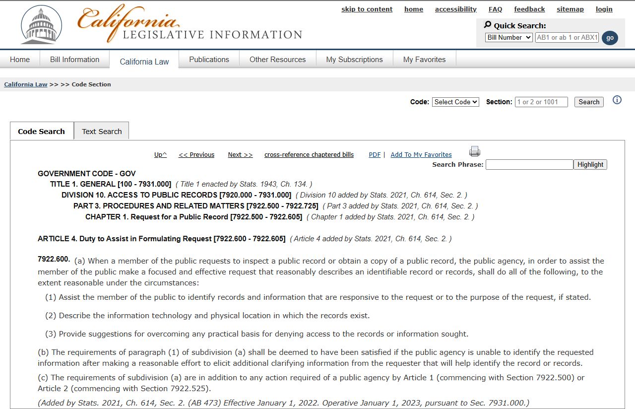 San Luis Obispo County public records - CPRA duty to assist requesters statute page