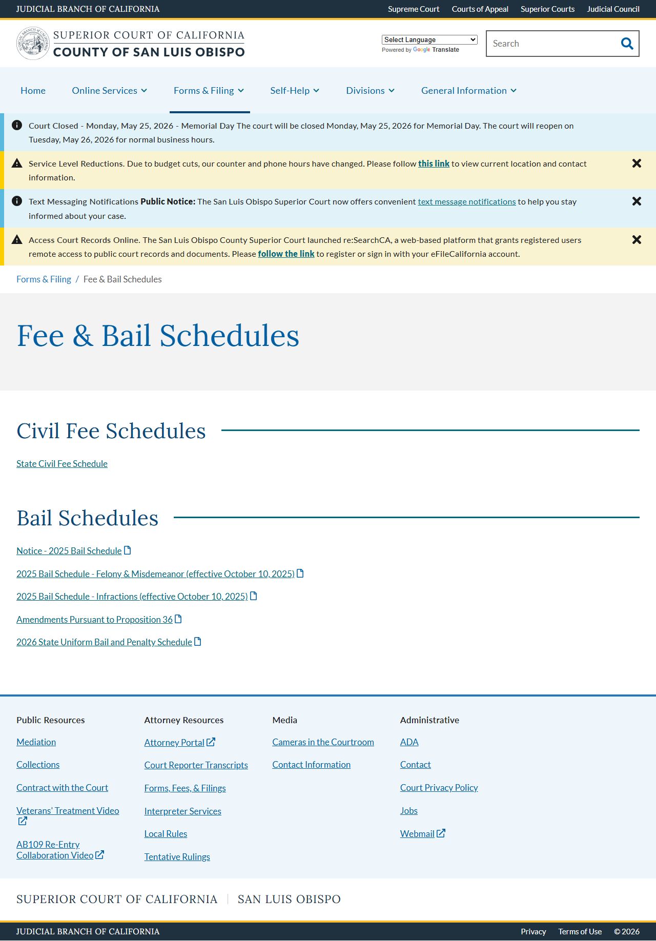 San Luis Obispo County traffic court records - court fee and bail schedule page