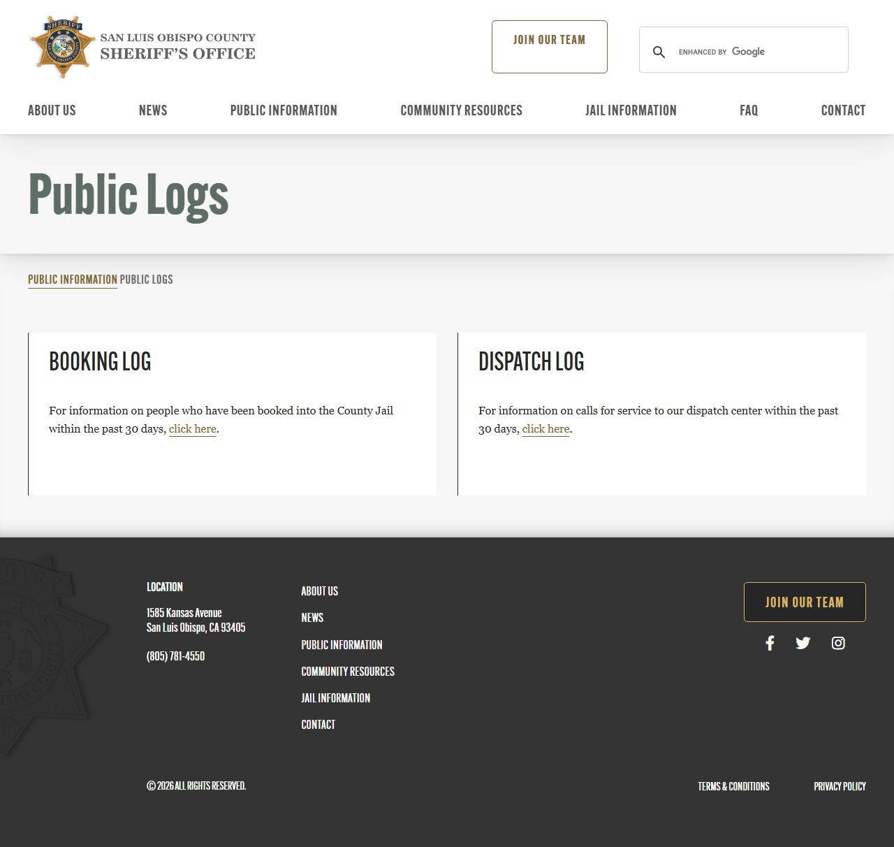San Luis Obispo County warrant records - Sheriff public logs page with links to booking log and dispatch log