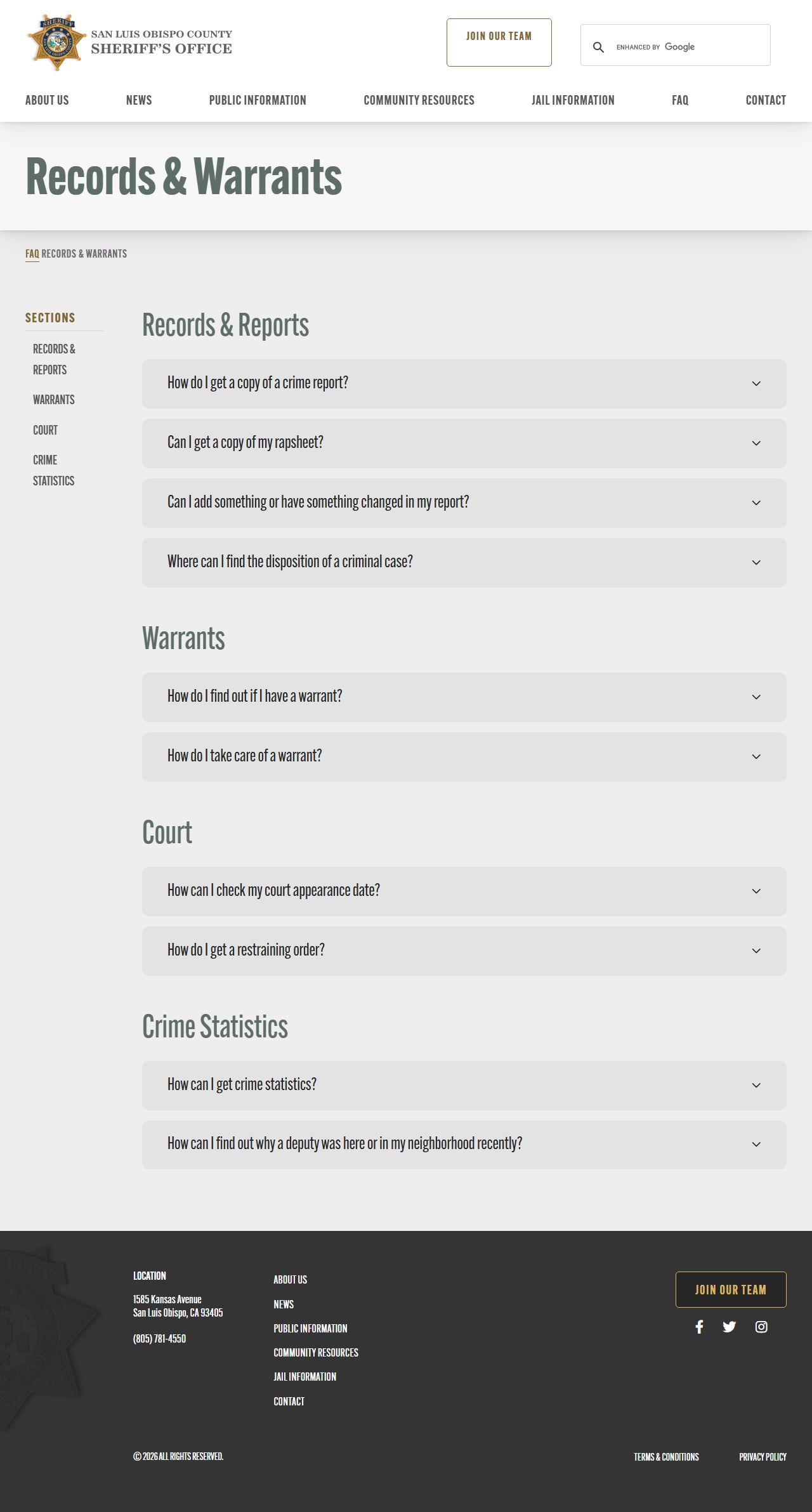 San Luis Obispo County warrant records - Sheriff FAQ for reports, warrants, case dispositions, and court dates